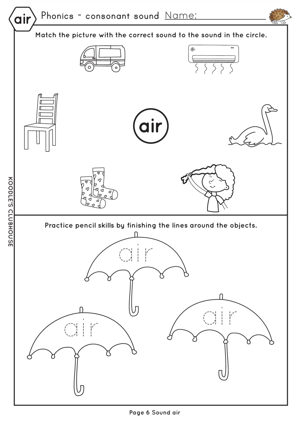 air sound: students match pictures such as chair, hair and socks to the air circle, then trace air on three umbrellas