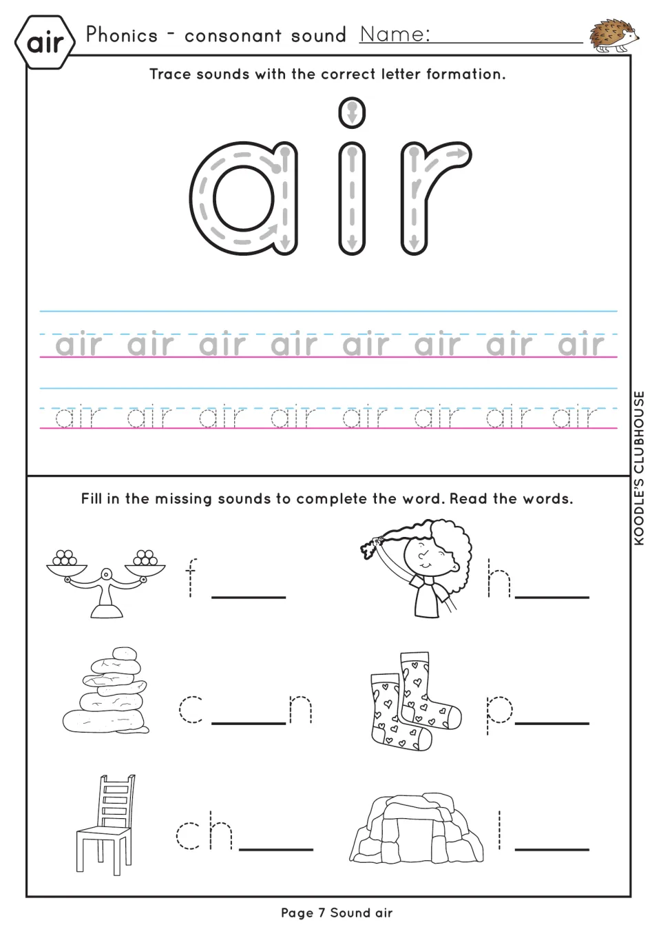 air letter formation: students trace air with arrows and on lines, then complete fair, hair, cairn, pair, chair and lair
