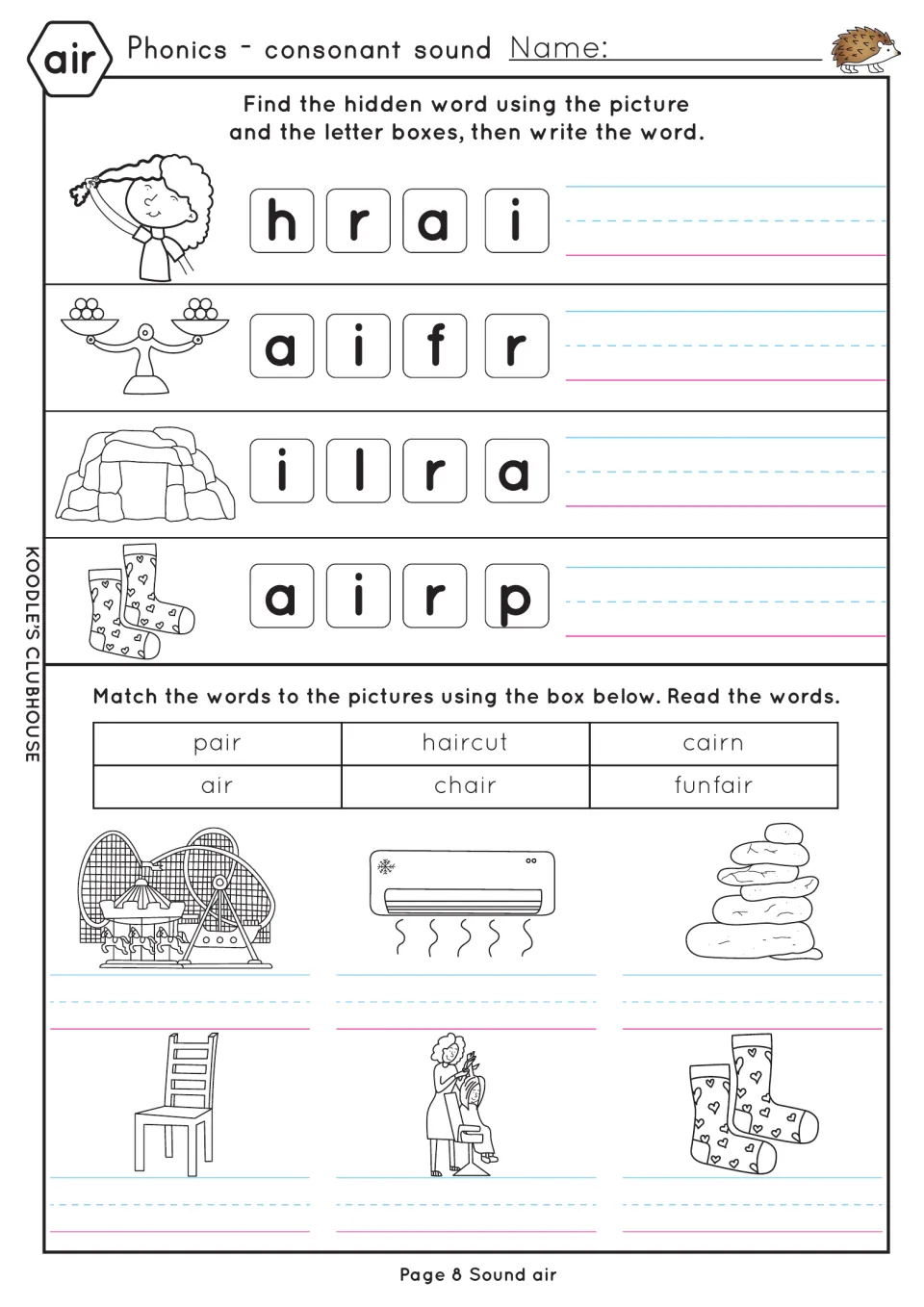 air hidden words: students unscramble hair, fair, lair and pair, then label pictures with funfair, air, cairn and chair