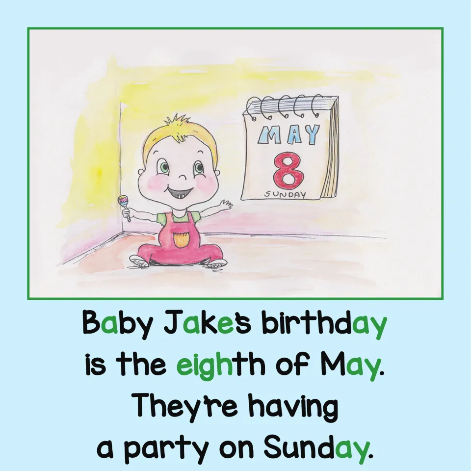 Opening phonics story page: Jake’s birthday is the eighth of May, and his party will take place on Sunday.
