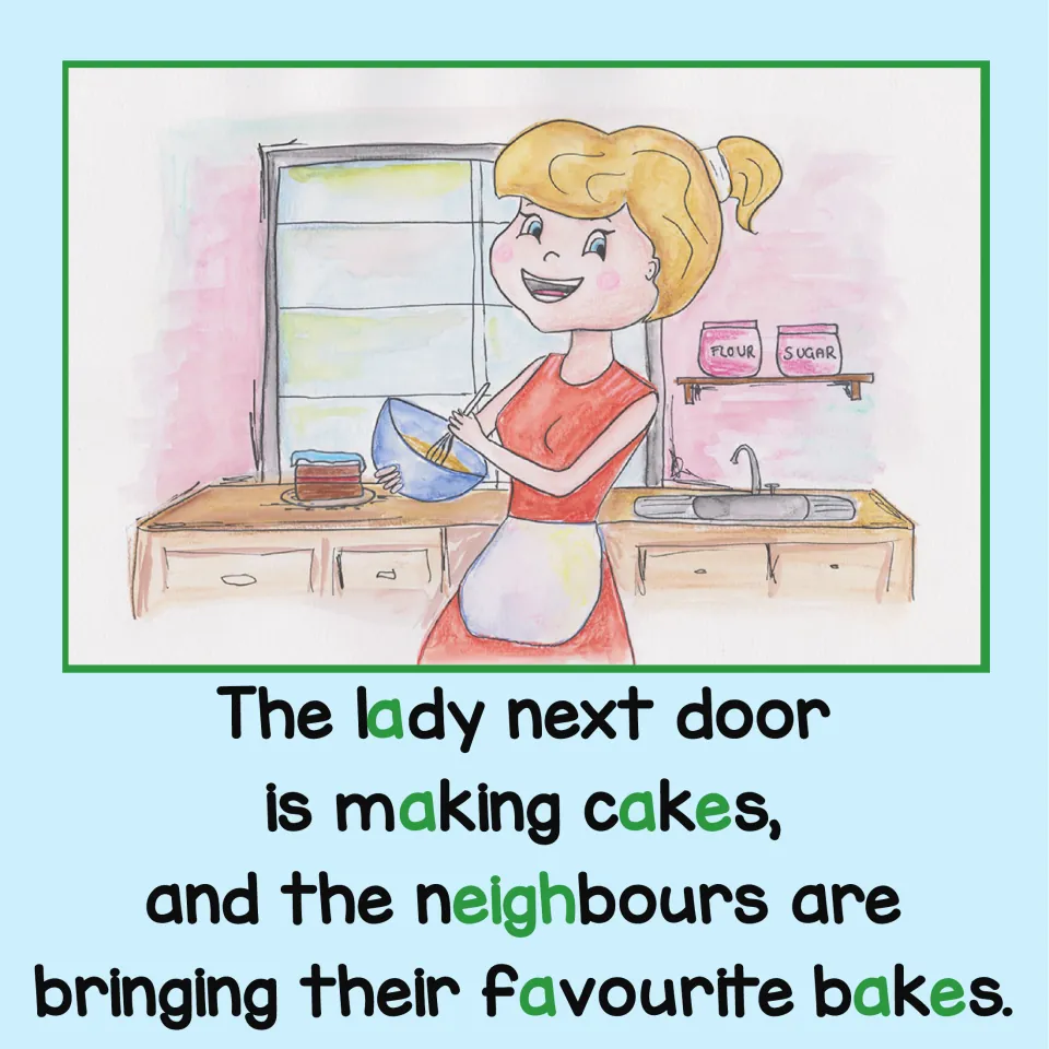 Phonics story page: the lady next door makes cakes, and neighbors bring their favorite bakes for the party.