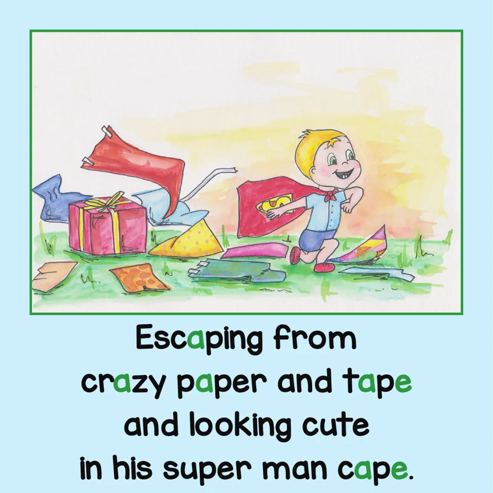 Phonics story page: Jake escapes from wrapping paper and tape while wearing a superhero cape at his party.