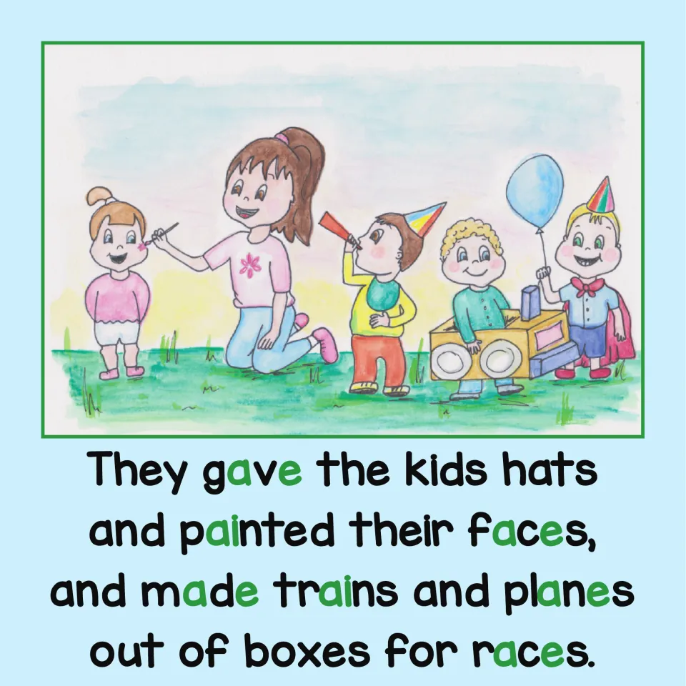Phonics story page: children get hats and painted faces, plus trains and planes made from boxes for races.