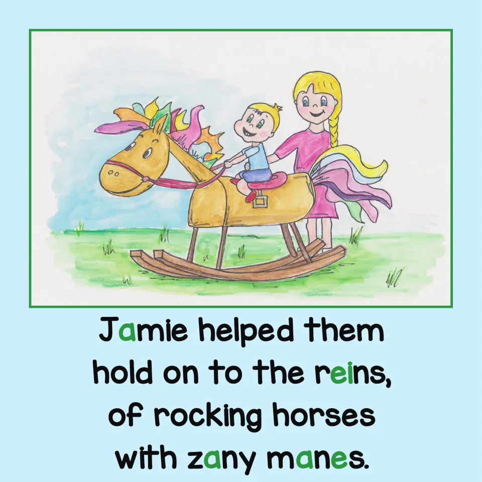Phonics story page: Jamie helps children hold the reins of rocking horses with zany manes during the party.