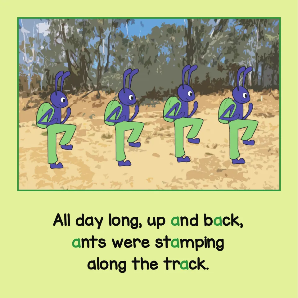 Short a rhyme: four ants stamping along the track, with green a highlighted in and, back, ants, stamping, track