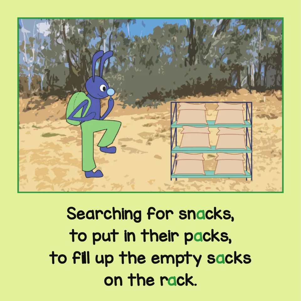 Short a -ack words: an ant with a magnifying glass searches for snacks; snacks, packs, sacks and rack have a green a