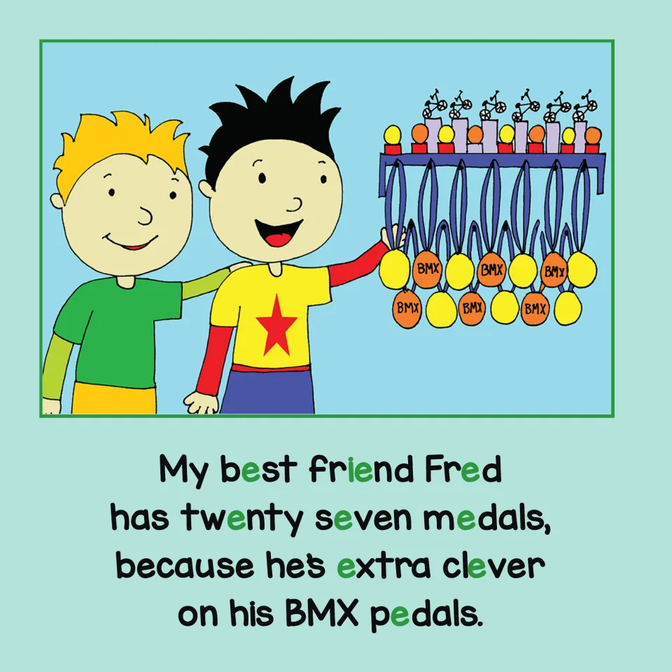 Short E story page 2: Fred has twenty-seven medals because he is extra clever on his BMX pedals.