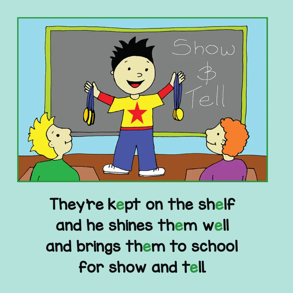Short E story page 3: Fred keeps his medals on a shelf, shines them, and brings them to show and tell.