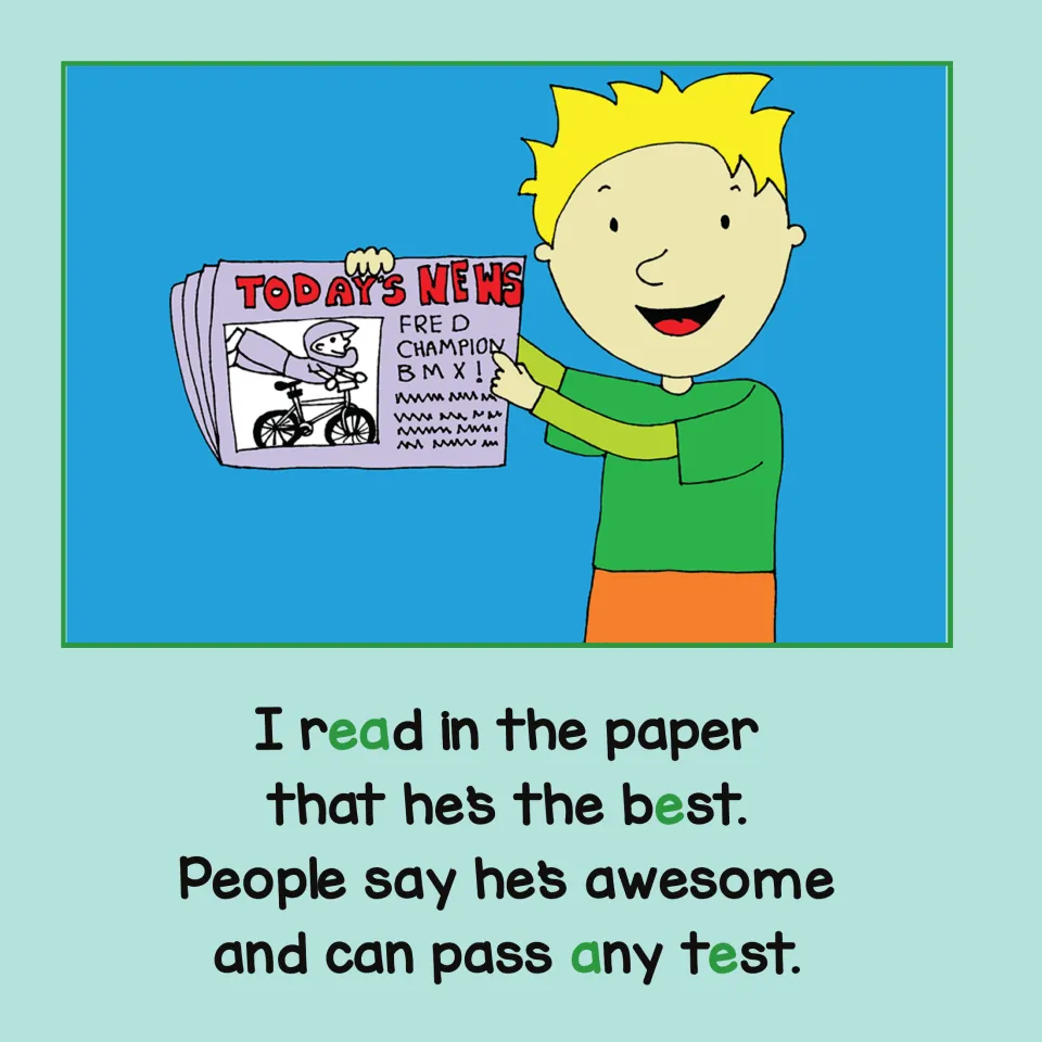 Short E story page 4: Fred's friend reads about him in the paper; people say Fred can pass any test.