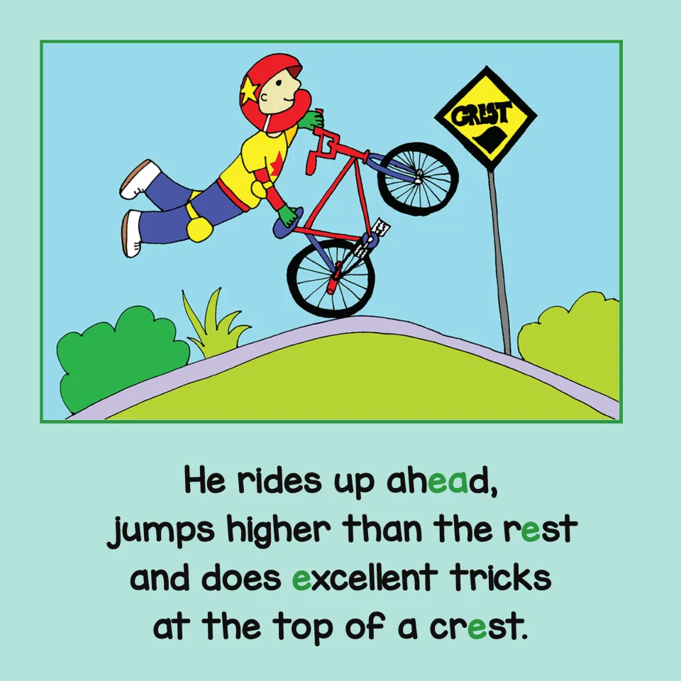 Short E story page 5: Fred rides ahead, jumps higher than the rest, and performs tricks atop a crest.