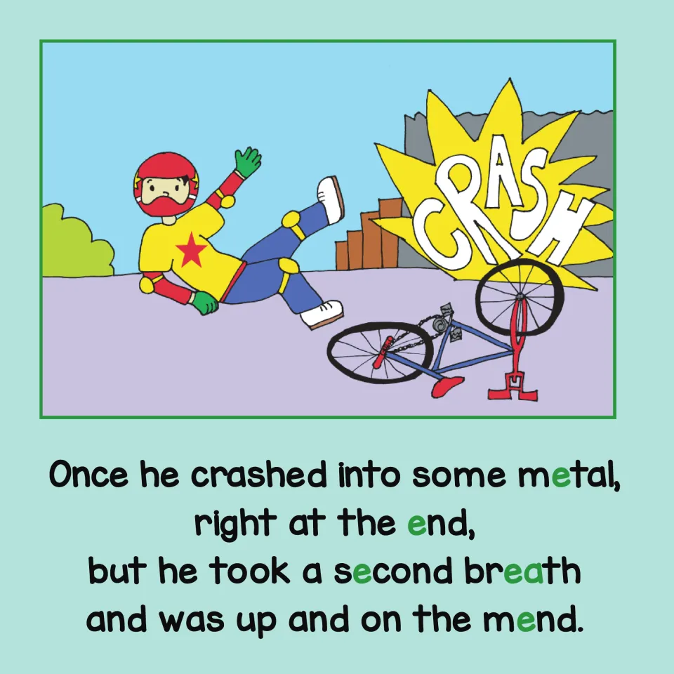 Short E story page 6: Fred crashes into metal, takes a second breath, and gets up again on the mend.