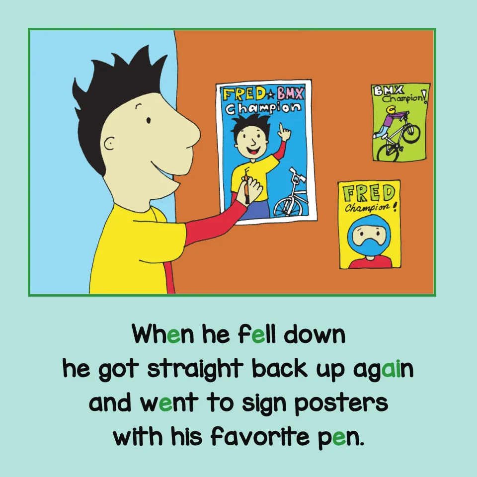 Short E story page 7: After falling down, Fred gets straight back up and signs posters with his favorite pen.