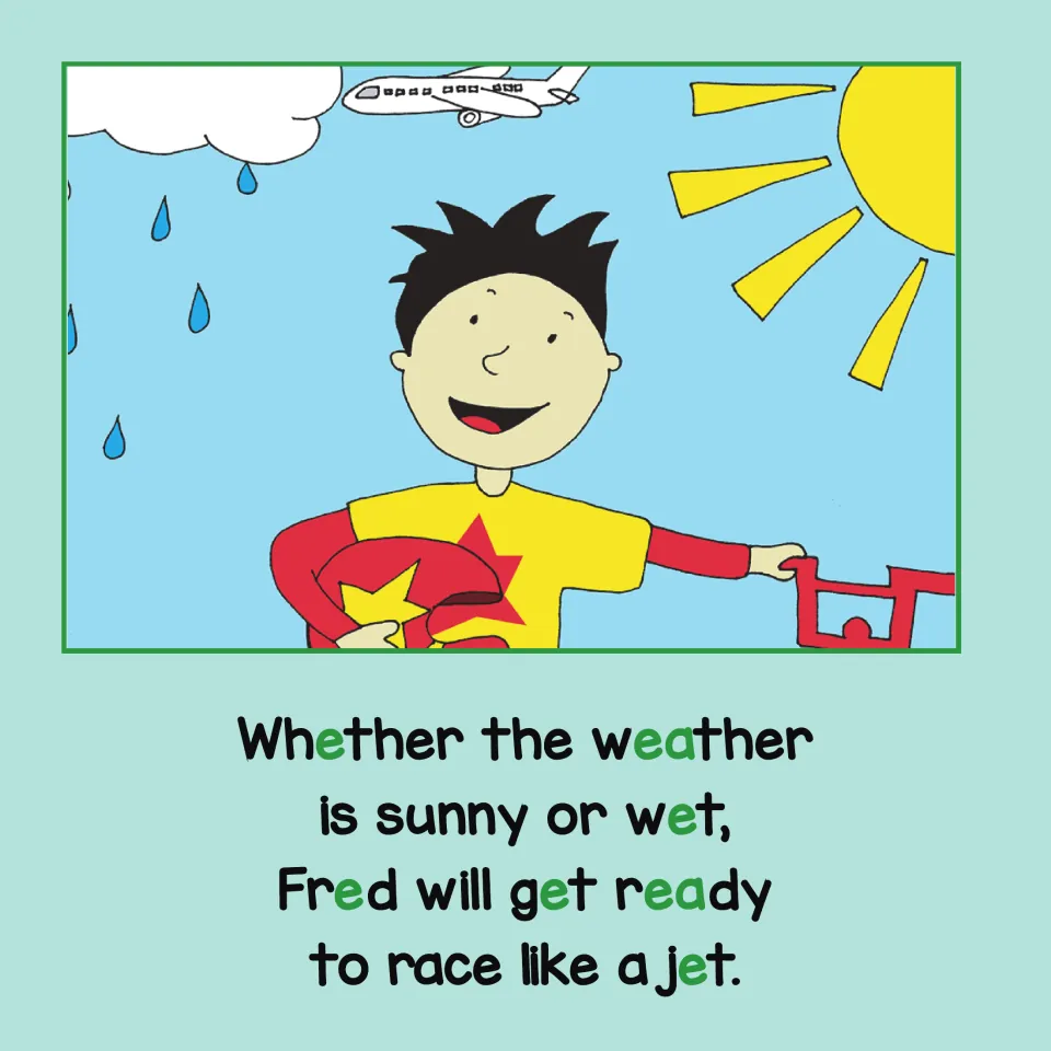 Short E story page 8: Whether the weather is sunny or wet, Fred gets ready to race like a jet.