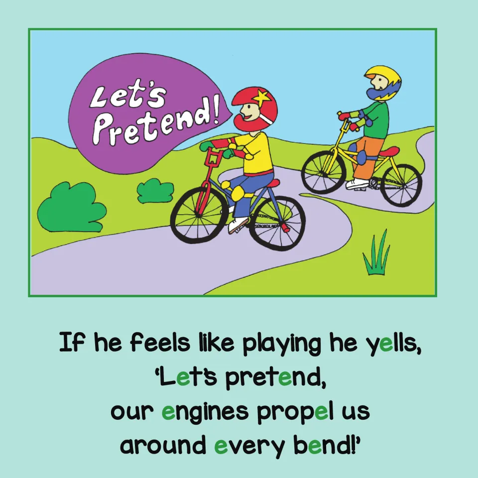 Short E story page 9: Fred invites his friend to pretend their engines propel them around every bend.