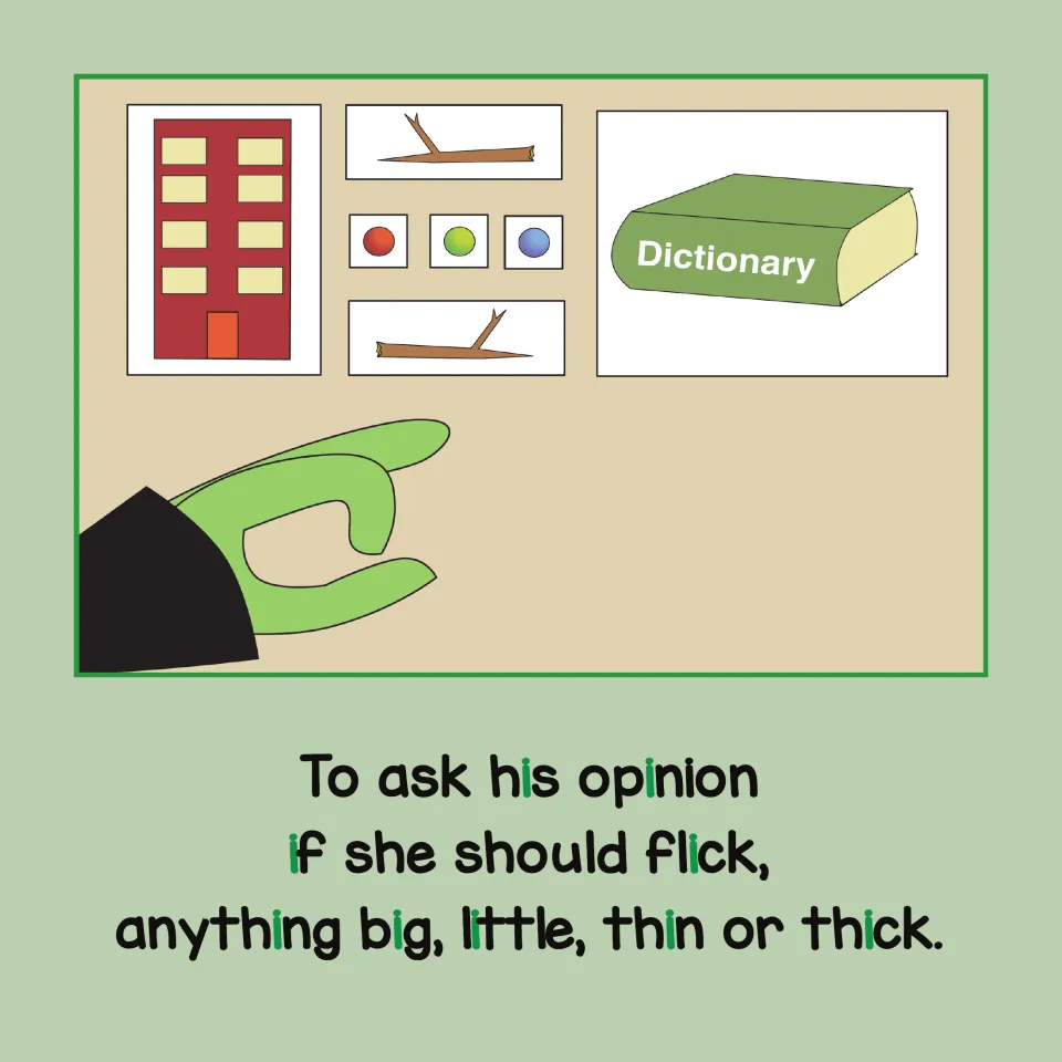 Hand points to pictures of a tall building, sticks, balls and a dictionary; green i marks big, little, thin, thick