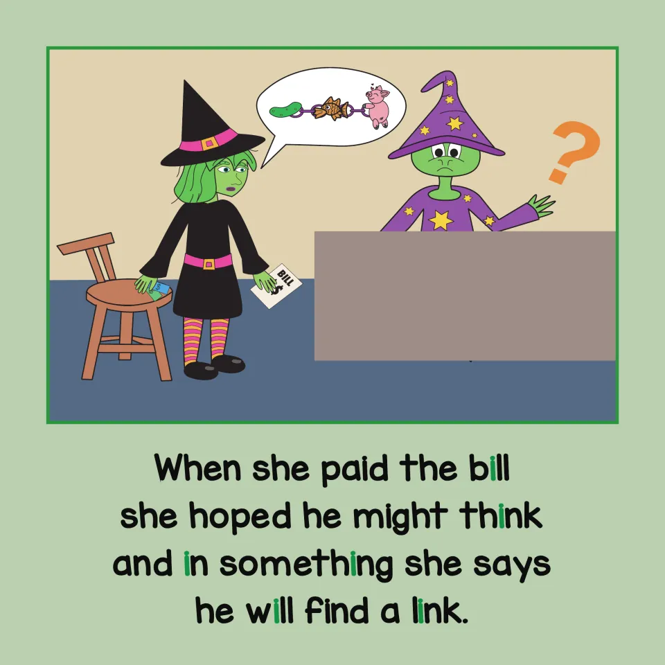 Witch pays the bill and a speech bubble links a pickle, fish and pig for a puzzled wizard; green i in bill, think and link