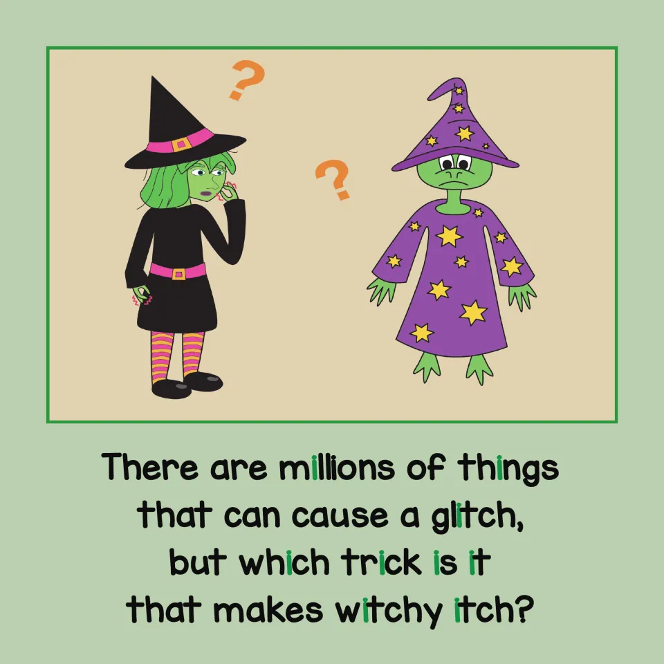 Witch and lizard wizard look puzzled; rhyme asks which trick makes witchy itch, with each short i printed in green
