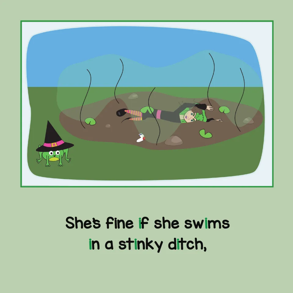 Witch lies in a muddy ditch with lily pads while a frog in a witch hat watches; green i in swims, stinky and ditch