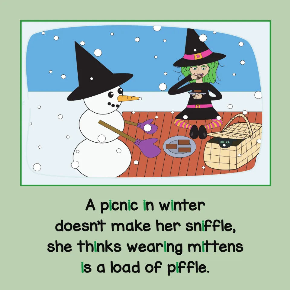 Winter picnic with a snowman in a witch hat and mittens; green i letters in picnic, winter, sniffle, mittens and piffle