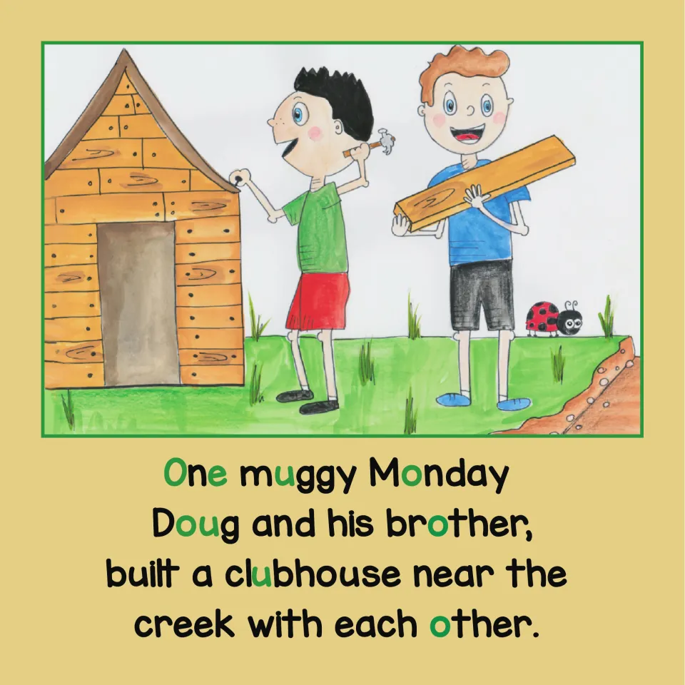 Opening story page: Doug and his brother build a clubhouse near the creek on a muggy Monday.