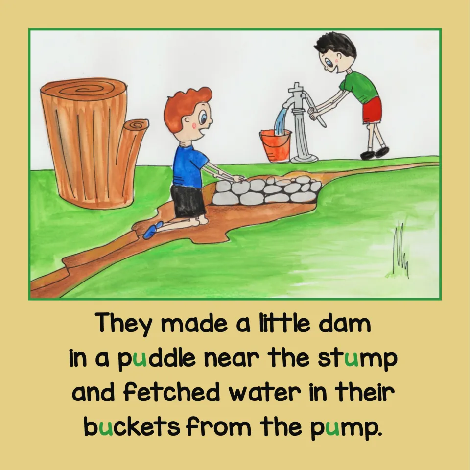 Story page: the brothers make a dam near a stump and fetch water, highlighting puddle, buckets, and pump.