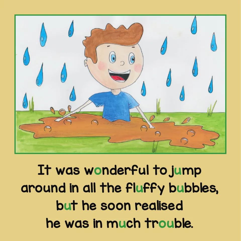 Story page: Douggie jumps in fluffy bubbles before realizing he is in trouble, with short U spellings in green.