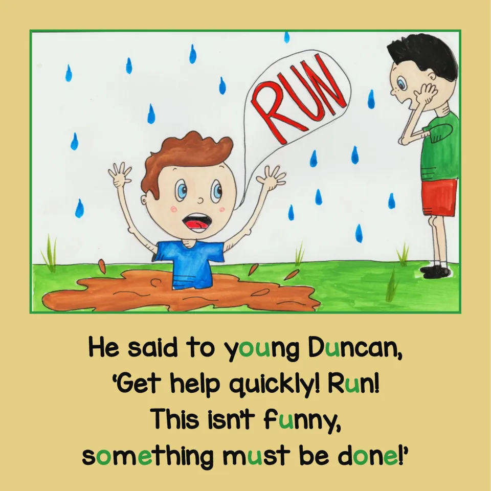 Story page: Douggie tells young Duncan to run for help, with short U spellings highlighted in young and done.