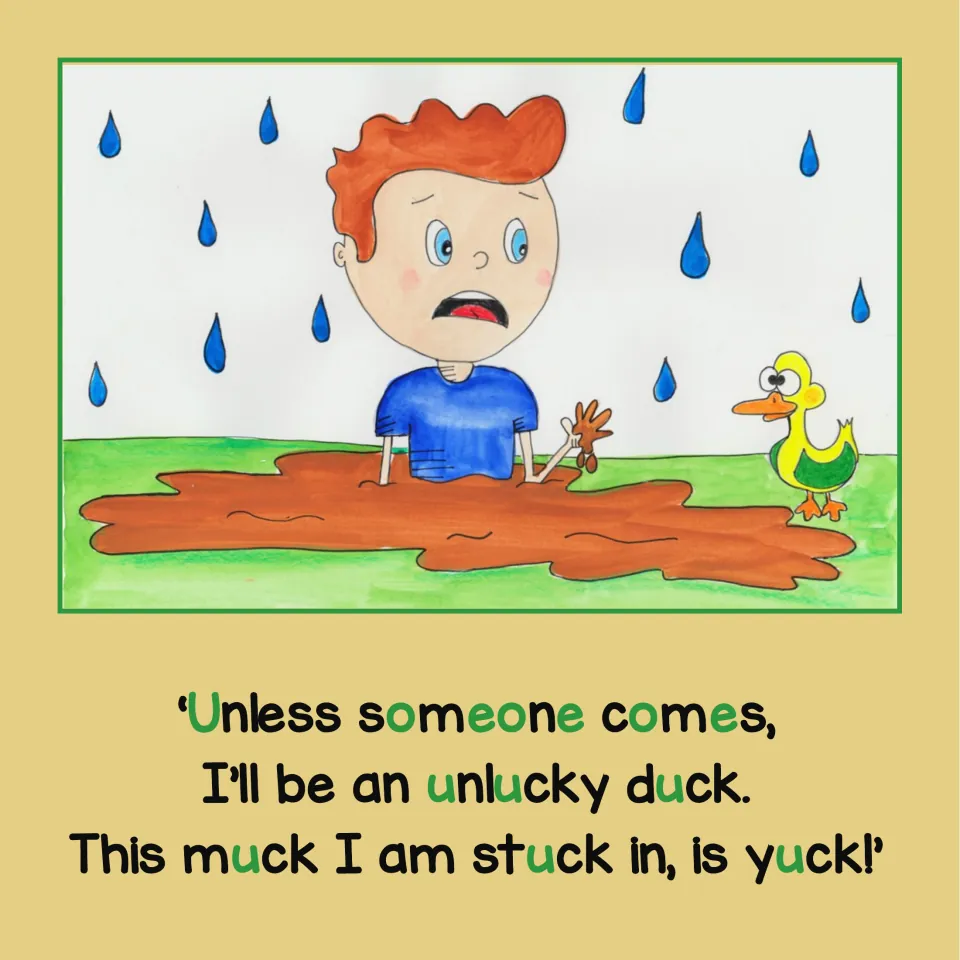 Story page: Douggie calls himself an unlucky duck while stuck in muck, highlighting short U spellings.