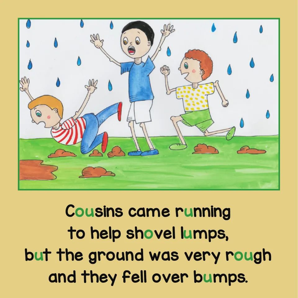 Story page: cousins run to help shovel lumps but fall on rough ground, with cousins and rough marked in green.