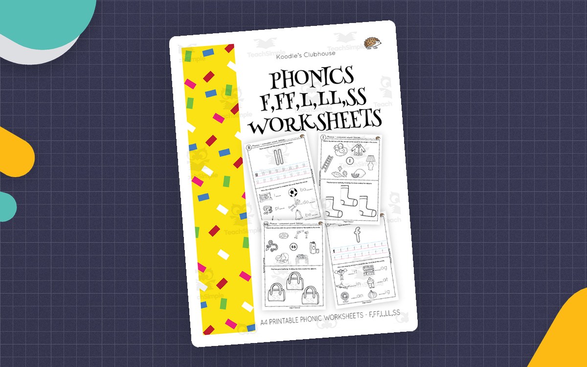 Yellow phonics cover listing f, ff, l, ll, and ss above worksheet previews.