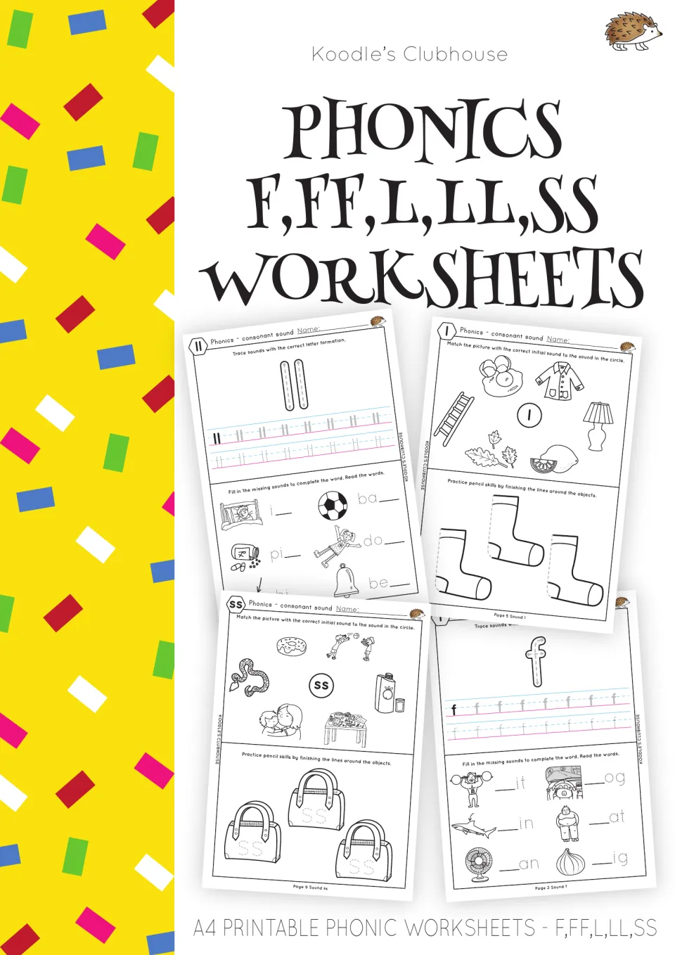 Cover: phonics sheets for f, ff, l, ll and ss, previewing picture matching, letter tracing and missing-letter word pages