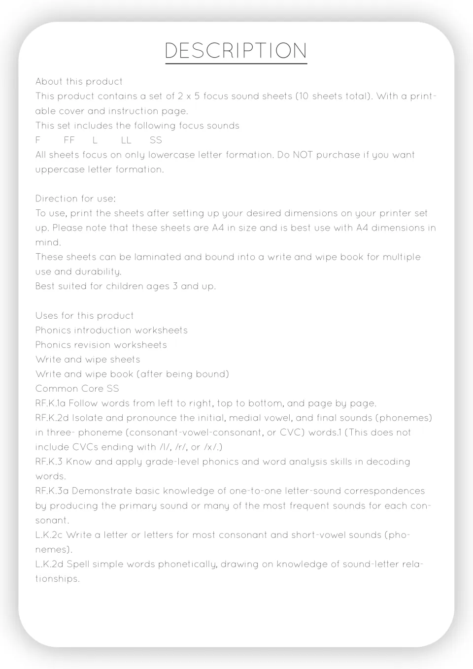 Product description listing the five focus sounds, lowercase-only letter formation, A4 printing tips and Common Core codes