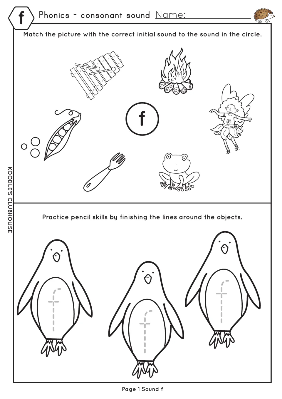 Initial f sound: students match fire, fork, frog and fairy to the f circle, then trace dashed f shapes on three penguins