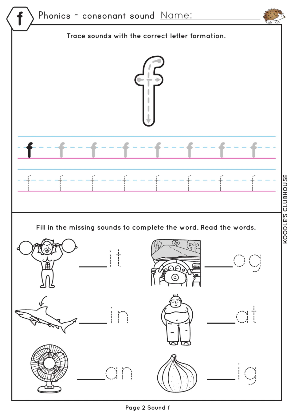 Letter f formation: students trace lowercase f on handwriting lines, then add f to complete fit, fin, fan, fog, fat and fig