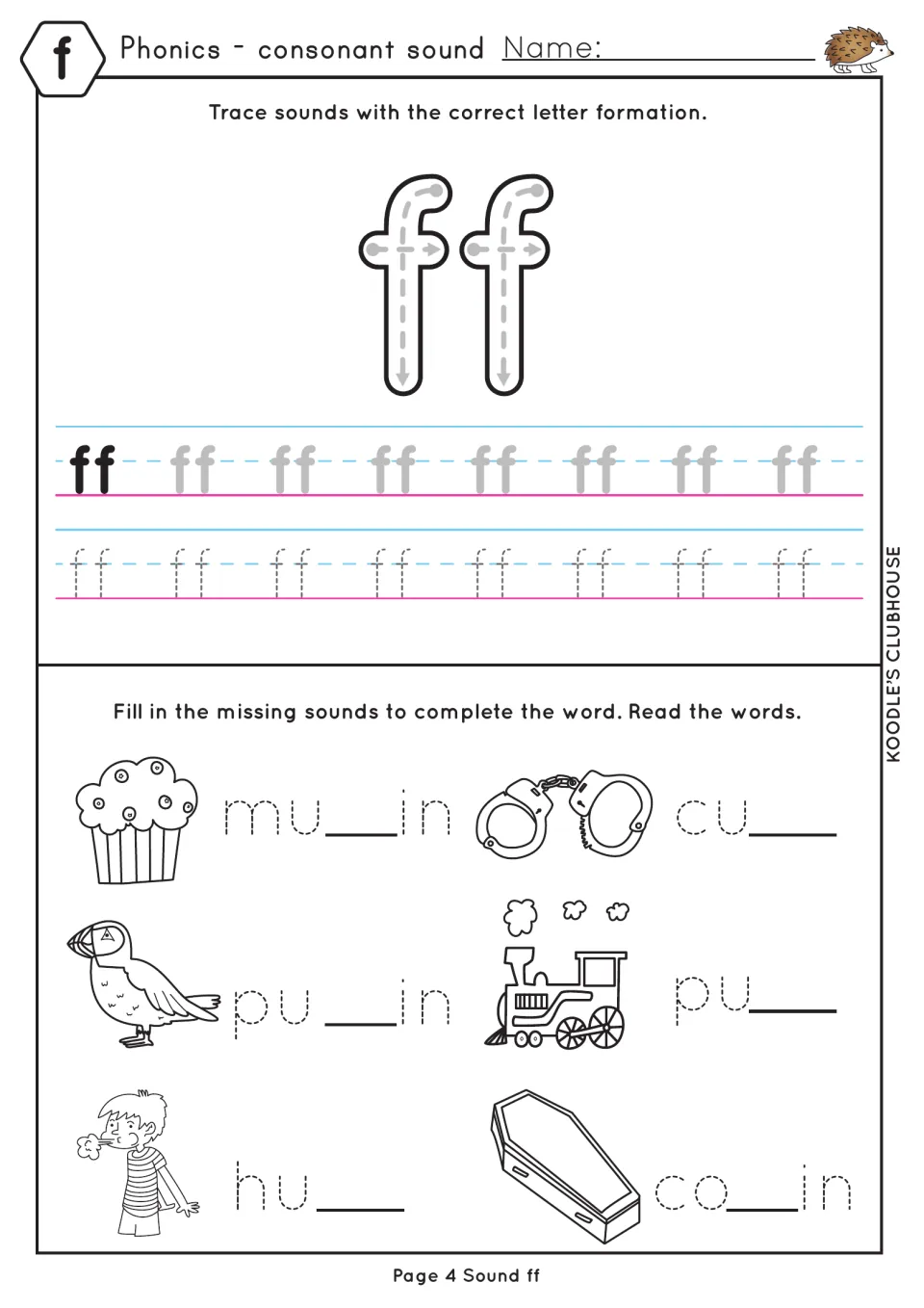 Double ff formation: students trace ff, then complete muffin, puffin, coffin, cuff, puff and huff by writing the missing ff