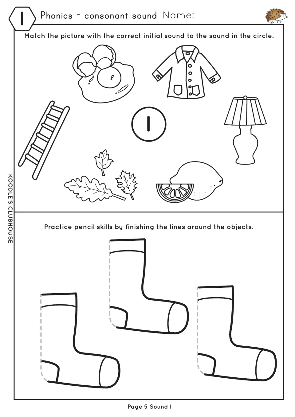 Initial l sound: students match ladder, lamp, leaves and lemon to the l circle, then finish outlines of three socks