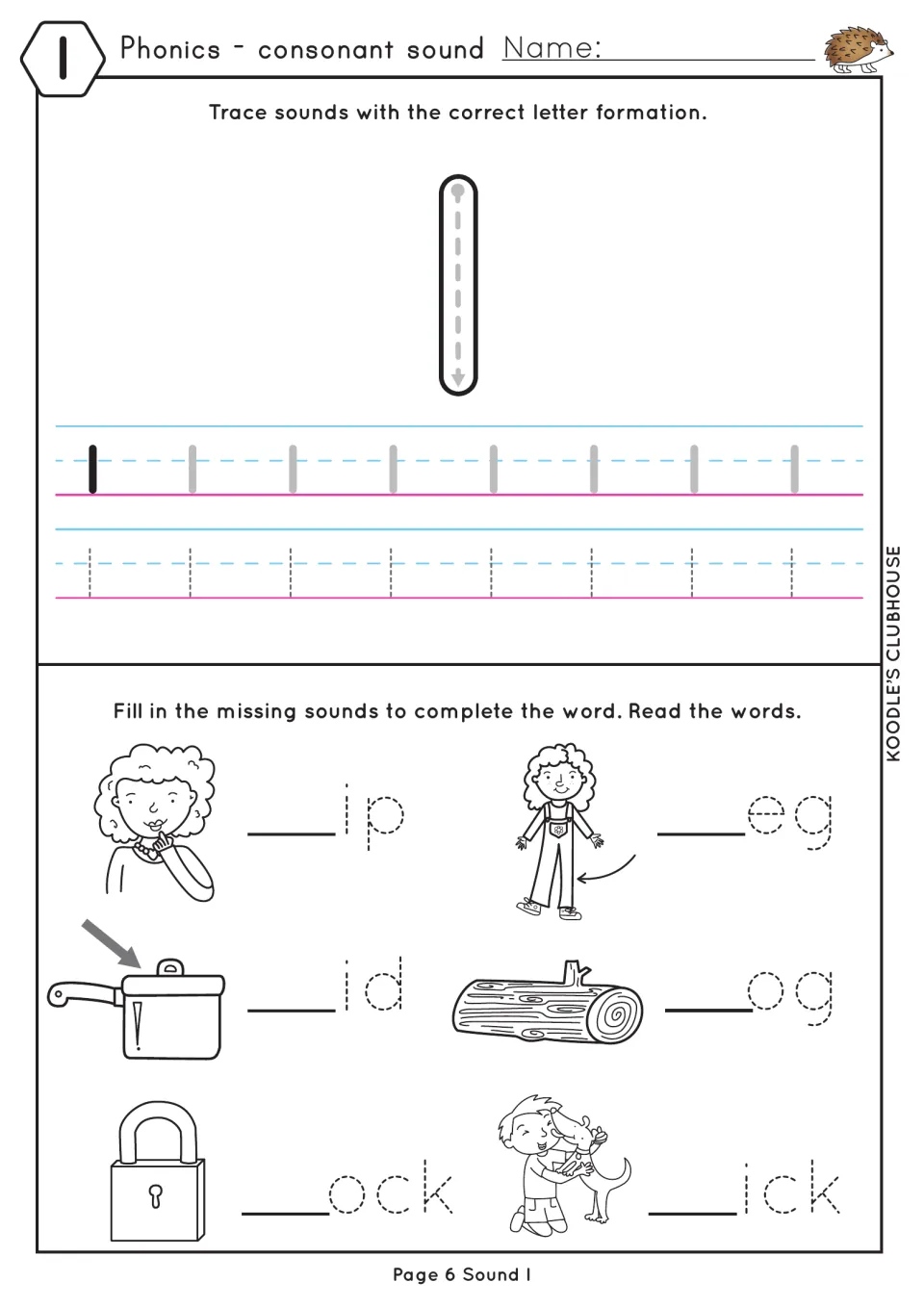 Letter l formation: students trace lowercase l, then add l to complete lip, leg, lid, log, lock and lick