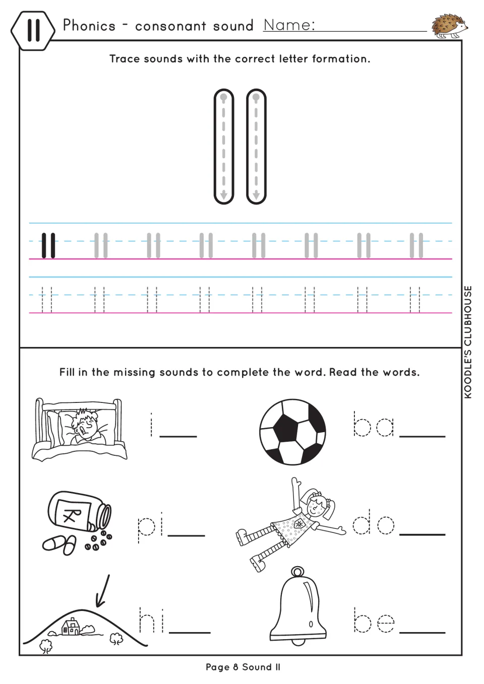 Double ll formation: students trace ll, then finish ill, pill, hill, ball, doll and bell by writing ll after each picture