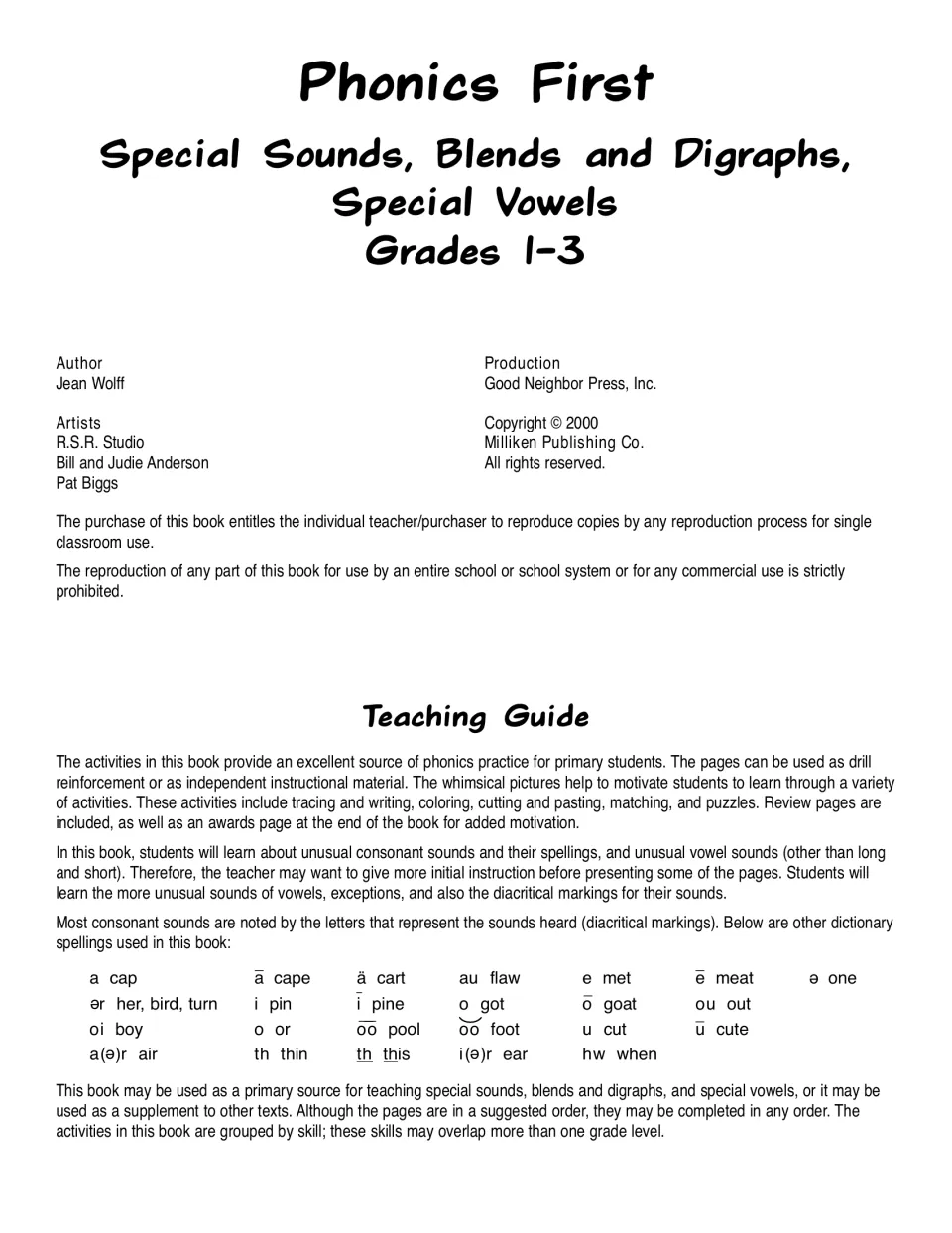Title and credits page: copying permissions plus a teaching guide explaining the dictionary spellings and vowel marks used