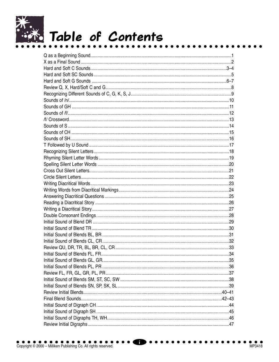 Table of contents, part 1: from Q as a beginning sound through silent letters, diacritical words and initial digraphs