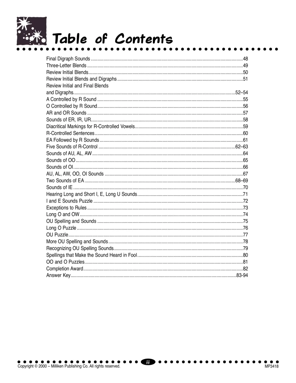 Table of contents, part 2: final digraphs, three-letter blends, r-controlled vowels, OU and OO sounds, award and answer key