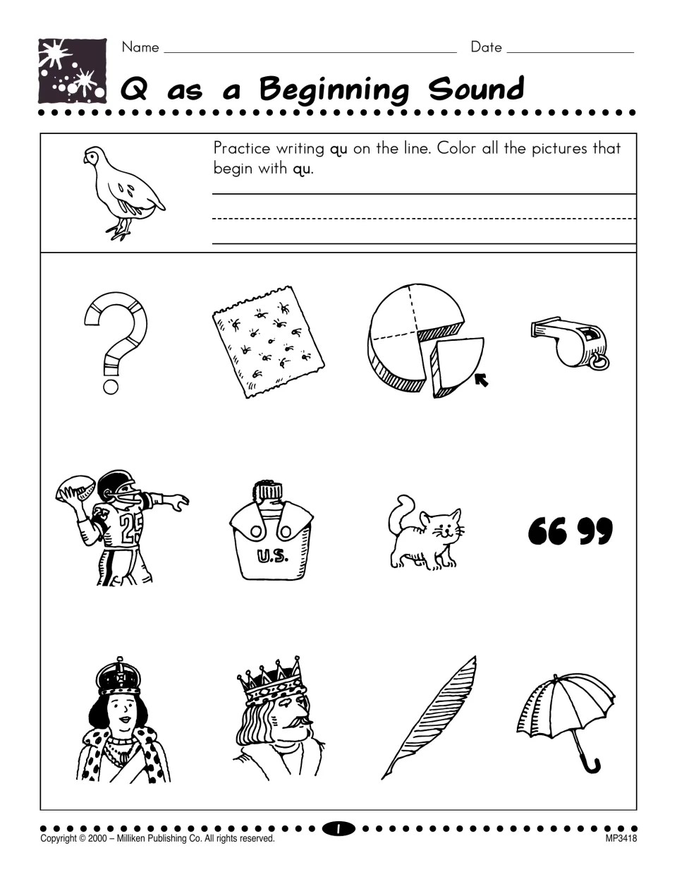 Q as a beginning sound: students practice writing qu, then color pictures that start with qu such as quail, quilt, queen