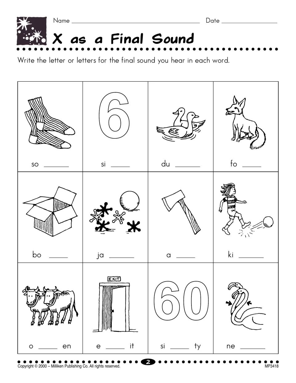 X as a final sound: students write the ending letters for 12 pictured words such as socks, six, fox, box, ax and ducks