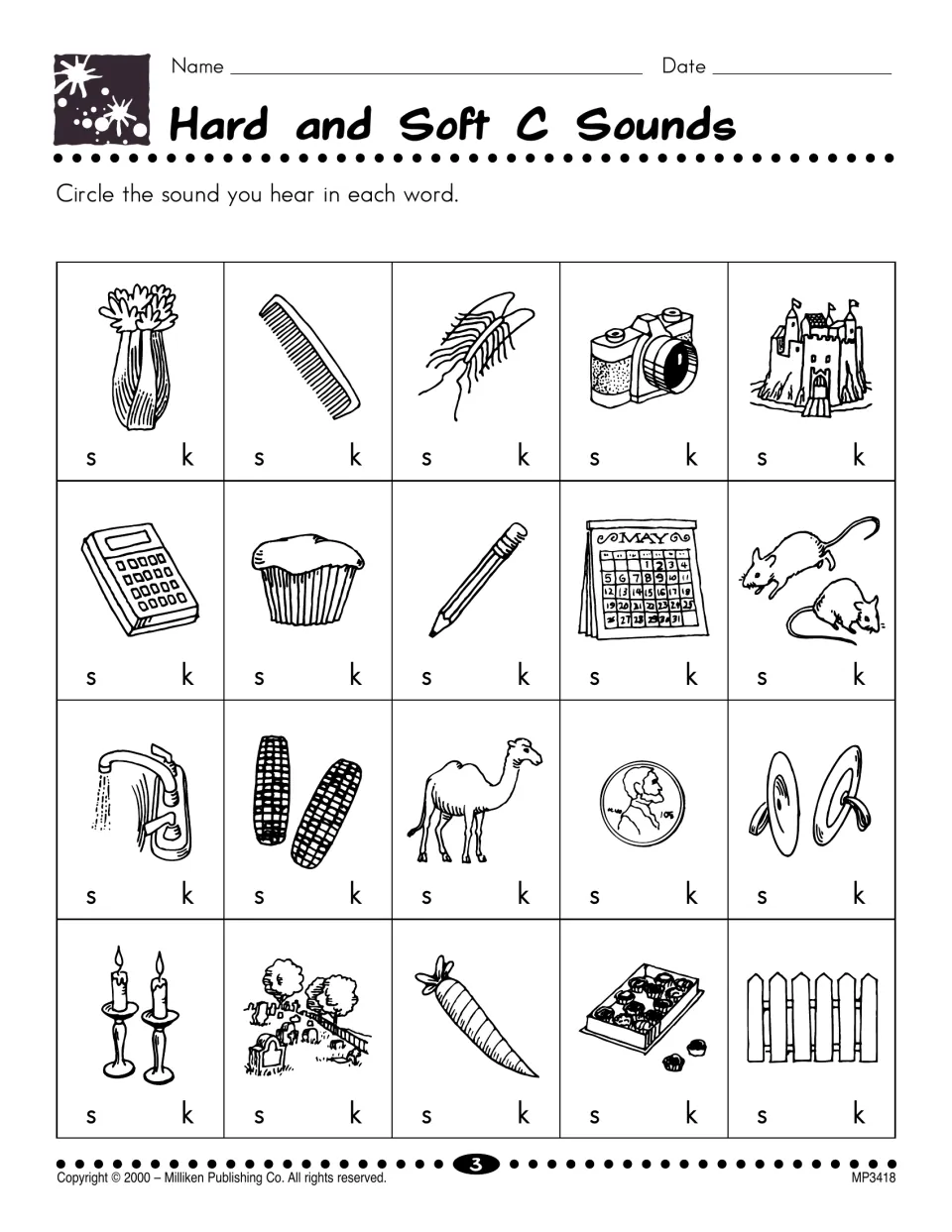 Hard and soft C sounds: students circle s or k for 20 pictures such as celery, comb, camera, calendar, mice and candles