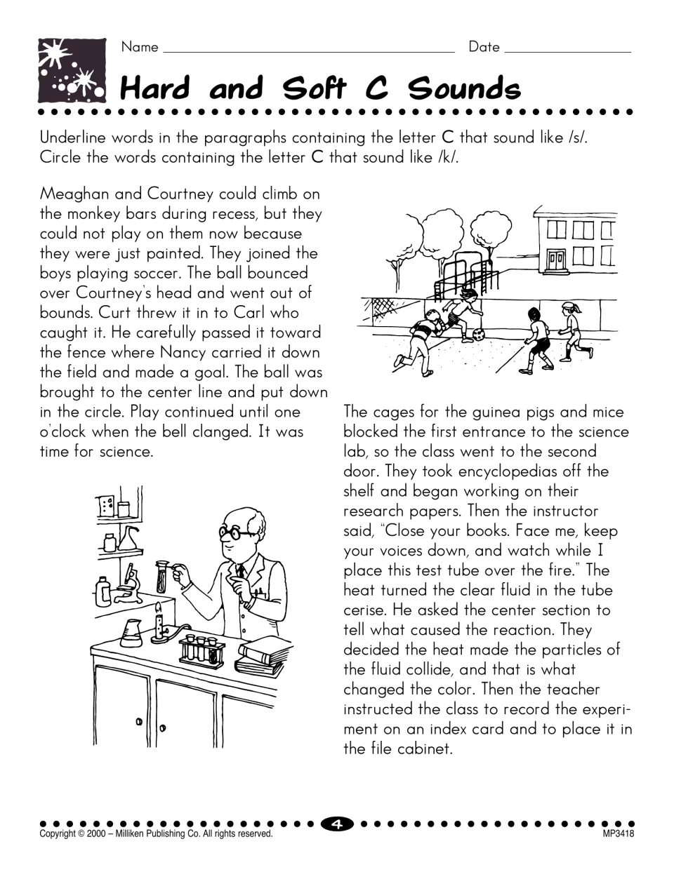 Hard and soft C in reading: students underline words where c sounds like /s/ and circle /k/ words in two school stories