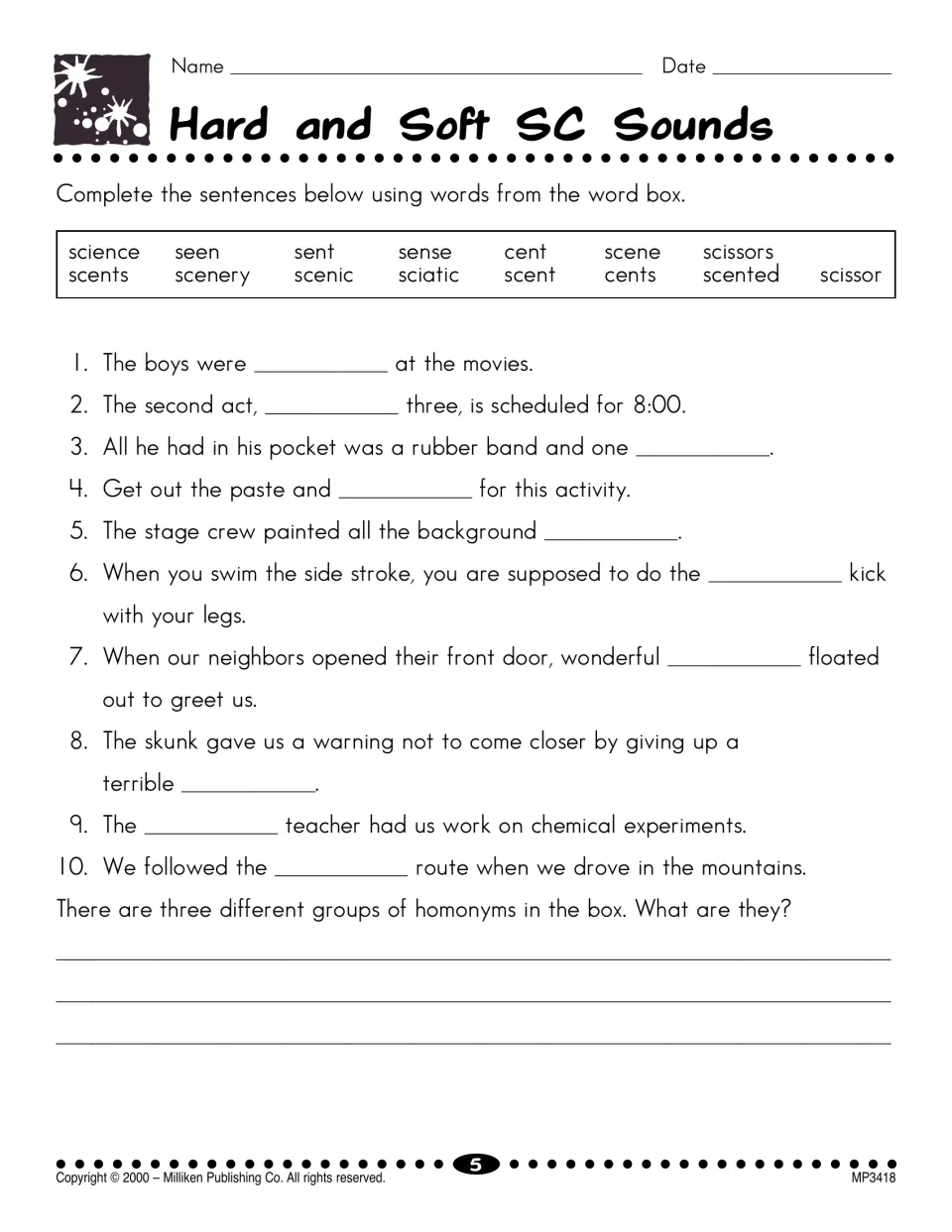 Hard and soft SC sounds: students fill 10 sentences from a word box (science, scene, scent, cent) and name 3 homonym groups