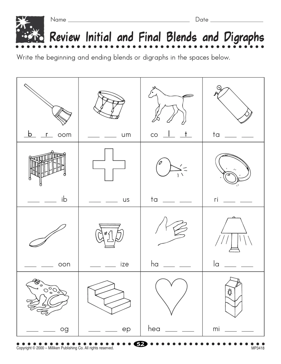 Review initial and final blends and digraphs: students write missing letters for 16 pictures, with broom and colt modeled