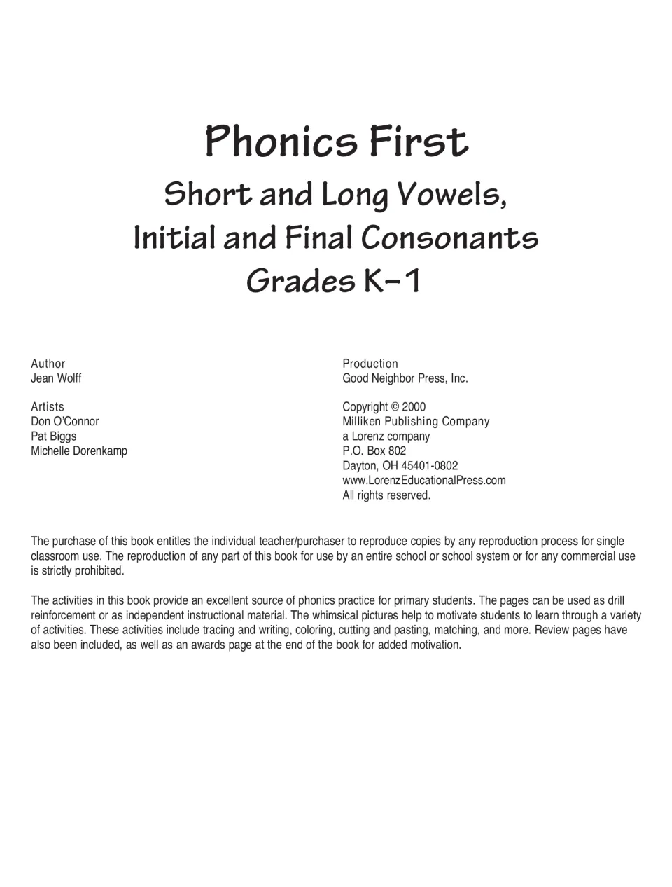 Title page naming short and long vowels and initial and final consonants, with author, artists and copyright notice