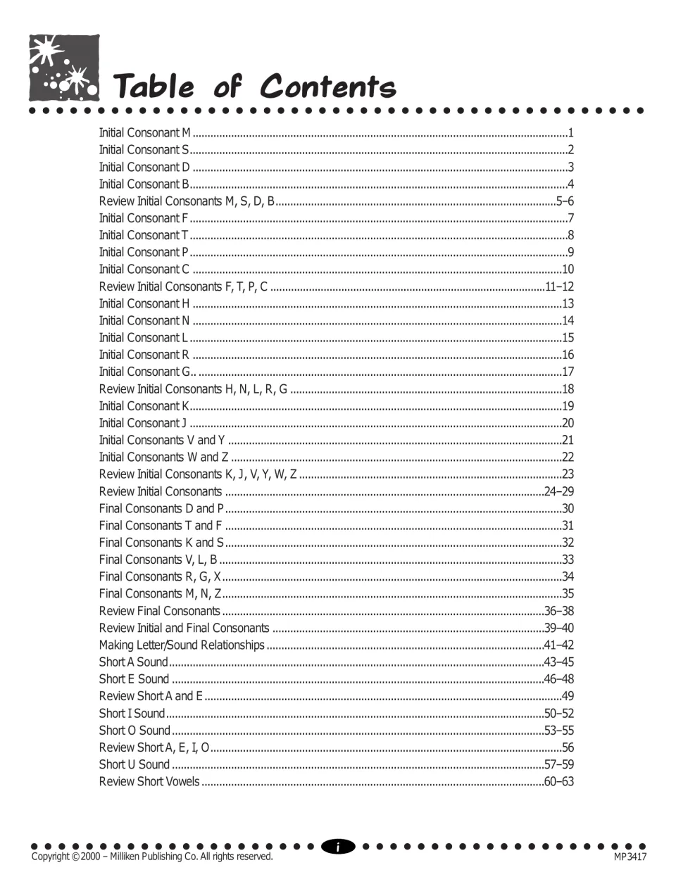 Contents list, part 1: initial consonants M to Z, final consonants, and short vowel sounds A, E, I, O, U with reviews