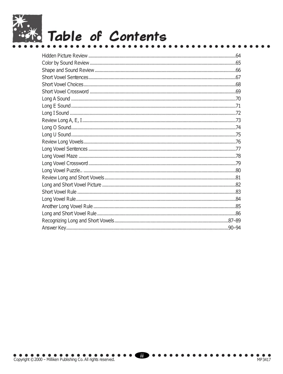 Contents list, part 2: sound reviews, long A to U sounds, vowel rules, puzzles and the answer key on pages 90-94